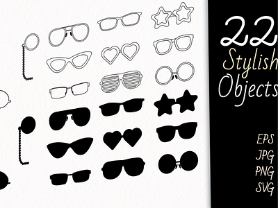 Black Flat Cartoon Vector Eyeglasses Clipart Set