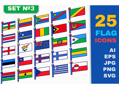 Flag Icons Set 3 collection country ethiopia finland flag flagpole gabon ghana greece greenland set vector