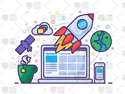 Startup Launch With Rocket Concept illustration business colleagues communication internet launch new partners rocket startup success through vector