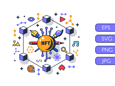 NFT Blockchain Technology Illustration crypto cryptocurrency decentralize decentralizing digital file media nft online purchase purchasing vector
