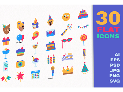 Flat Party Icons balloon birthday confetti event fireworks gift illustration music party ribbon set vector