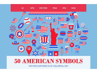 Cartoon Flat Vector 4 July USA Symbols Collection 4th july america american celebration day flag holiday independence national patriot patriotic usa