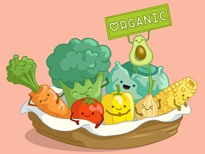 Organic Team!! avocado broccoli carrot corn cute illustration organic peppertomatoonioncabbage vector vegetables