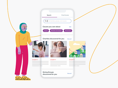 Find charities, groups, and causes app branding causes charities charity donation fintech giving giving groups illustration ios search search bar ui ux