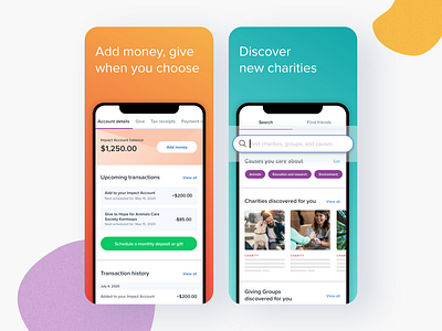 What you can do with Charitable Impact iOS app account app app design app store application branding charities charity design fintech giving groups money search transactions ui ux