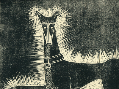 Greyhound is paying attention black and white dog greyhound linoleum print printmaking