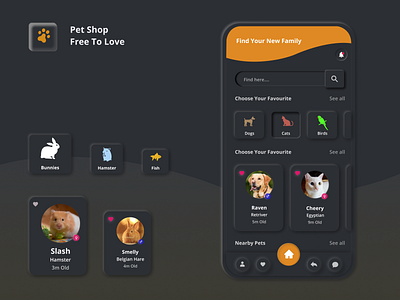 Pet shop Application (Nuemorphism Black theme) 3d app branding design icon illustration logo mobile app neumorphism pet app shadow typography ui ux vector