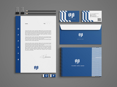 Brand Identity Design for OP blue brand branding business card business card design design digital digital art envelope design lettermark logo logo design logodesign logos mockup mockup design mockup psd stationary design stationary mockup white