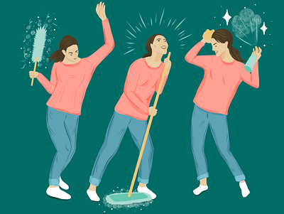 Cleaning as stress relief cleaning editorial illustrator illustrators people vector woman