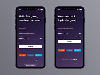 Stargazers iOS App app clean ios ios11 iphone login minimal mobile signup simple ui ux