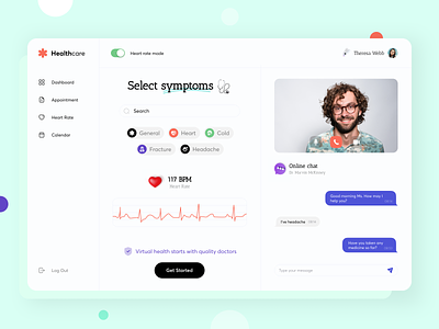 Virtual Healthcare - Dashboard 3d appointment chat clinic color dashboard dashboard ui design doctor health health app healthcare healthy heart heartrate hospital medecine medical patient pharmacy