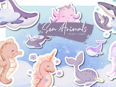 Sea Animal Clipart art print baby animal clipart cute cute animal fish isolated jellyfish octopus seahorse seal watercolor whale