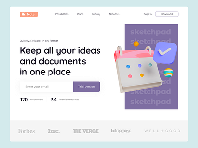 Landing page for creating notes and documents 3d graphics landing landing page typography web design websites