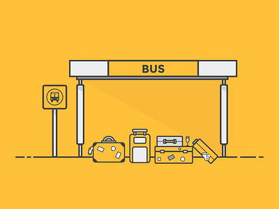 Bus stop bus bus stop flat illustration strokes suitcase travel yellow