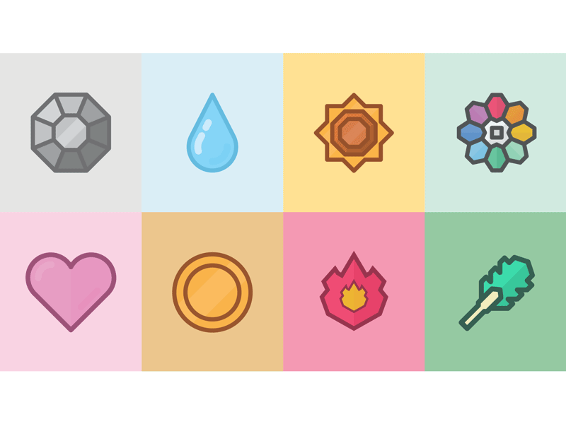 Pokemon Badges badge fire gif icons illustration leaf pokemon rock sun water