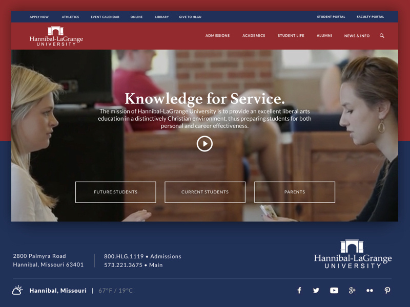 University Website hannibal missouri badge logo red blue ux ui design website college university