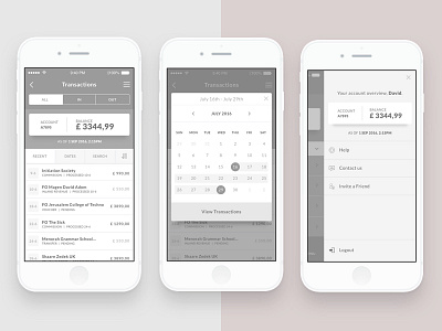 Banking App Wireframes app banking calendar design money sidebar transactions ui
