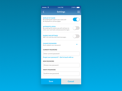 Settings app blue design mobile responsive settings ui ux web