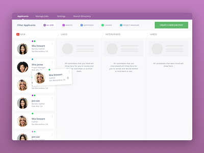 Hiring Feature app candidates cards dashboard design desktop hiring jobs people purple ui ux