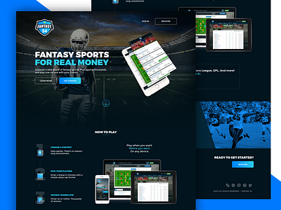 Fantasy Landing page blue dark design football landing sports theme ui ux