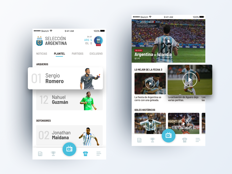 Selección Argentina player nav ux ui players team videos app futbol argentina seleccion afa