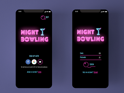 Neon Bowling Signup & Login Page - DailyUI001 bowling cocktail dailyui dailyui 001 login neon signup page ui deisgn