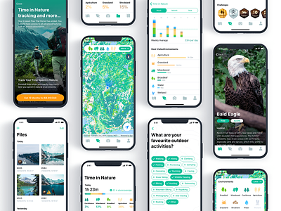 Exploring Nature Environment app application ui badges bar chart bar charts chart clean diagram environment filter fitlers maps mobile nature outdoor outdoors photo list statistics tags trekking