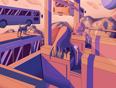 The Bus Ride aesthetic bus ride concept art digital art dog environment fictional illustration mountain orange outerspace pink planets purple