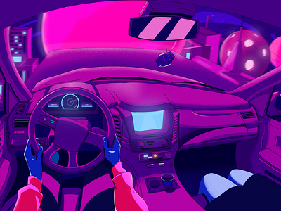 Driving at Night (Digital Art) aesthetic car concept art cool environment fictional illustration love pink point of view pov purple random scene sweet vaporwave vehicle woman