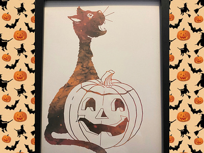 Halloween cat and pumpkin print | frame options available decor design illustration inspired print prints wall art