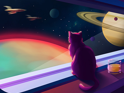 Good morning, Saturn cat illustration moon planet saturn space spaceship