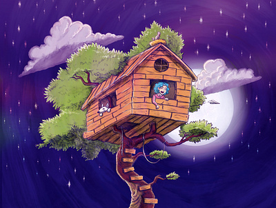Night Flight full moon illustration ilustration paperplane procreate sadi karasahinoglu treehouse