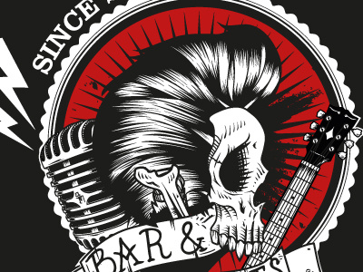 New illustration for a bar • WIP bar black gig greaser guitar hair hairy microphone music red rocknroll skull