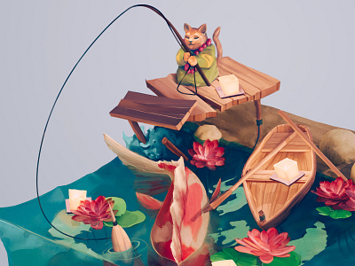 Fishing koi blender blender3d boat cat fishing illustration isometric isometric art japanese koi monk texture waterlily