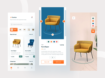 Furnice - Furniture App ar augmented reality chair commerce design detail detail page detail screen ecommerce furniture furniture app home home screen homepage mobile app mobile ui shop shopping app ui vr