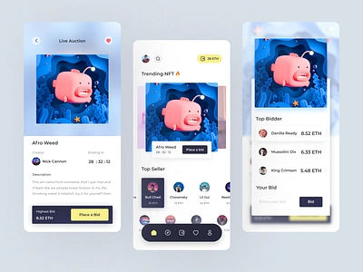 OpenEye - NFT Marketplace auction bid bidding buying detail figma fun home live auction marketplace mobile app mobile marketplace nft nft marketplace outstanding selling shop trade ui design