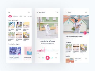 MusicNauts | Music Player Mobile App Exploration artist clean clean ui design detail home minimalis mobile app mobile design music music player photos player podcast podcast stream soft color stream trending ui ux