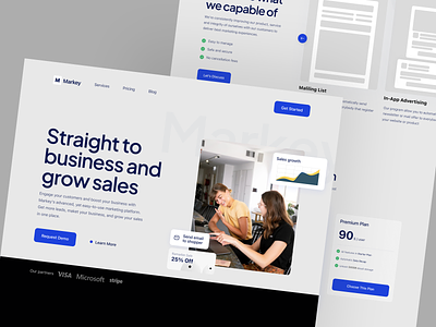 Markey Landing Page branding company cta design features figma footer hero homepage landing landing page marketing newsletter pricing plan service ui ux web web design website