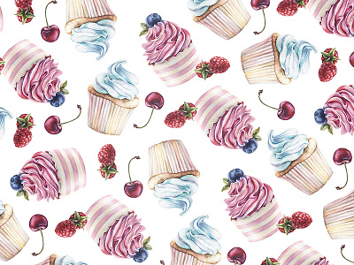 Cupcake pattern baking berry cake cherry cooking cream illustration muffin pink raspberries sweets watercolour