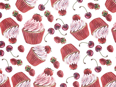 Cupcake pattern red baking berry cake cherry cooking cream illustration muffin pink raspberries sweets watercolour