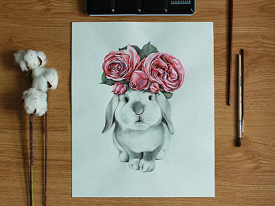 Cute summertime rabbit animals aquarelle art flowers rabbit roses watercolor