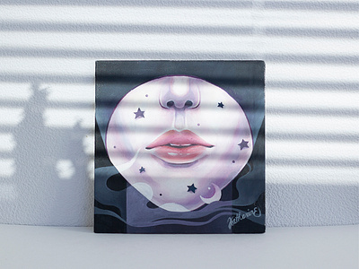 Purple veil acrylic art face girl graphic illustration lips moon night painting purple stars watercolor woman