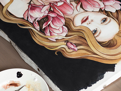 Magnolia lady in process black decor flower girl lips magnolia wall art watercolor wip