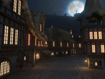 Medieval town blender3dart blendercycles concept art environment design fantastic fantasy house illustration medieval night