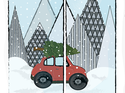 MARRY CHRISTMAS art christmas tree december design happy new year holidays illustration red car snow vector