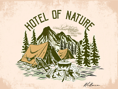 Handwriting adventure And tent illustration.
