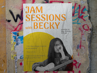 Jam Sessions with Becky! branding colors community creativity design graphicdesign guitar jam minimal mockup music musician photoshop poster street wall