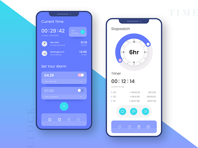 `on time`|| CLOCK APP adobe xd android challenge clock clock app colors daily design inspiration ios mobile app design mobile ui purple stopwatch time timer ux