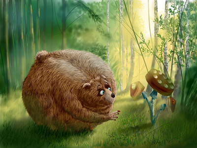 Sphero-bear and mushroom of temptation animal art digital art drawing fairy tale forest illustration art nature painting scenery