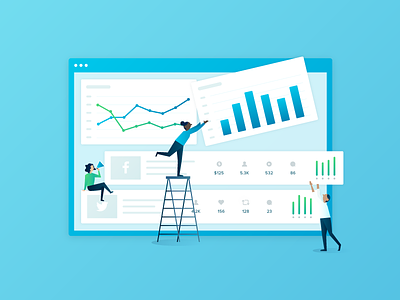 Measuring Marketing Effectiveness character charts data design graphs illustration impressions marketing social media vector